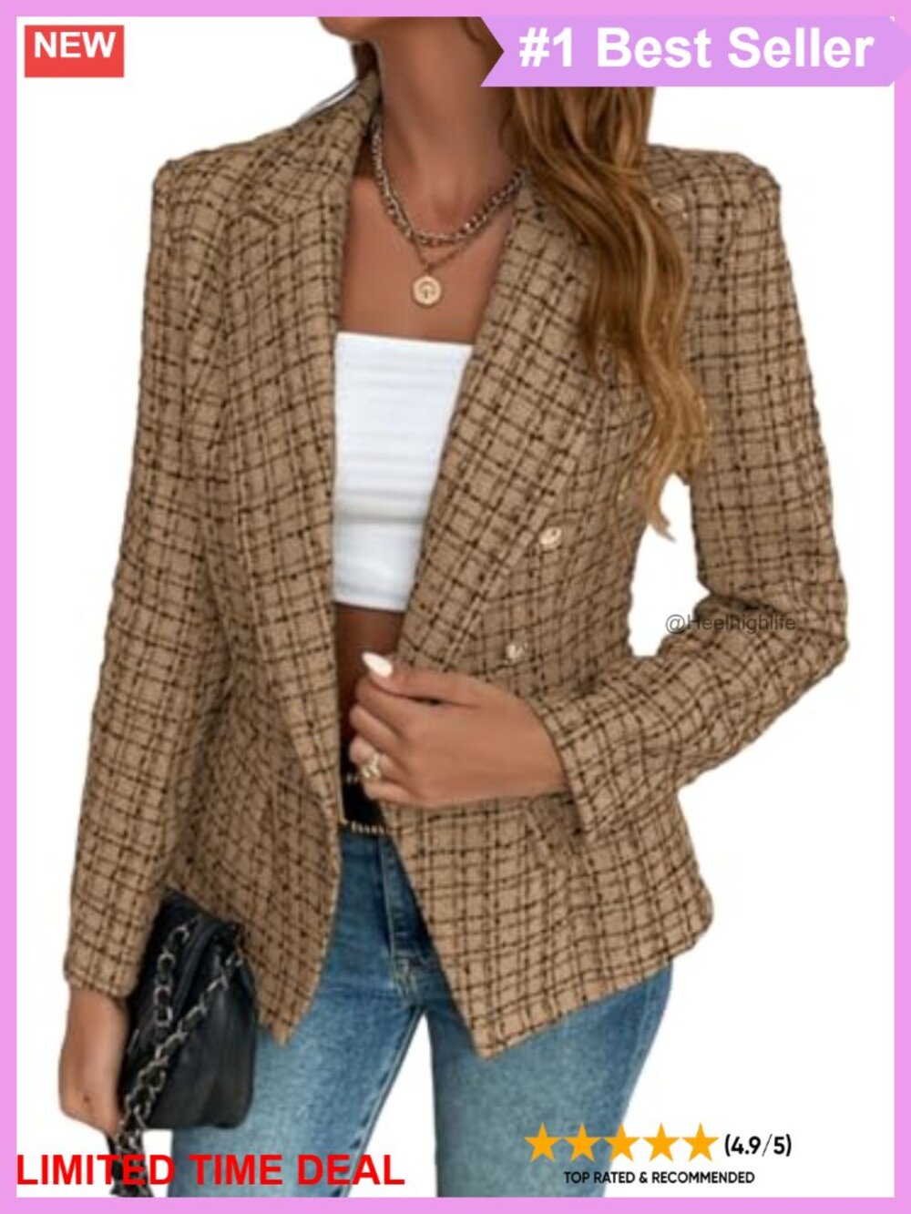 Tweed Plaid Double Breasted Blazer Jacket Work Casual